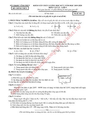 Đề khảo sát chất lượng học kỳ I môn Vật lý Lớp 9 - Mã đề 001 - Năm học 2019-2020 - Sở giáo dục và đào tạo Vĩnh Phúc (Có đáp án)